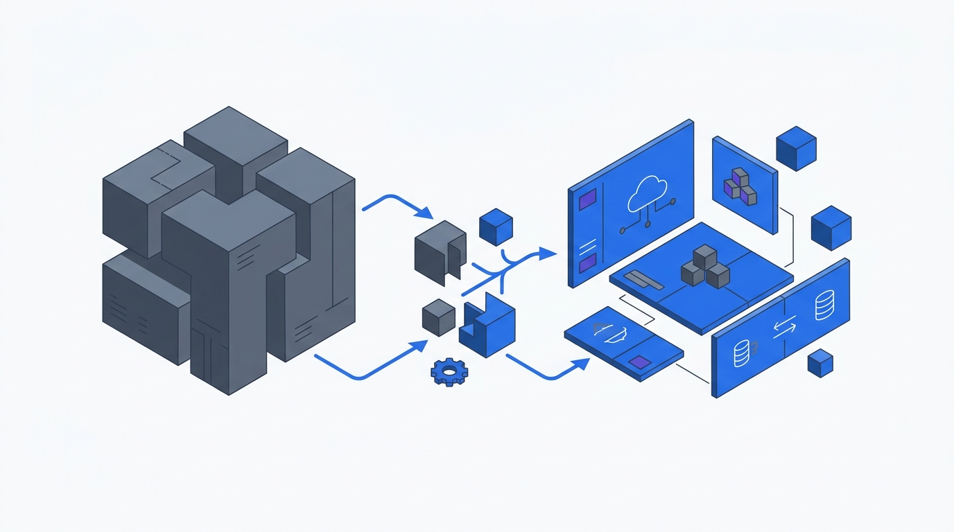 Isometric illustration showing the modernization journey from a monolithic legacy application on the left, through decomposition, to a modern cloud-native architecture on the right