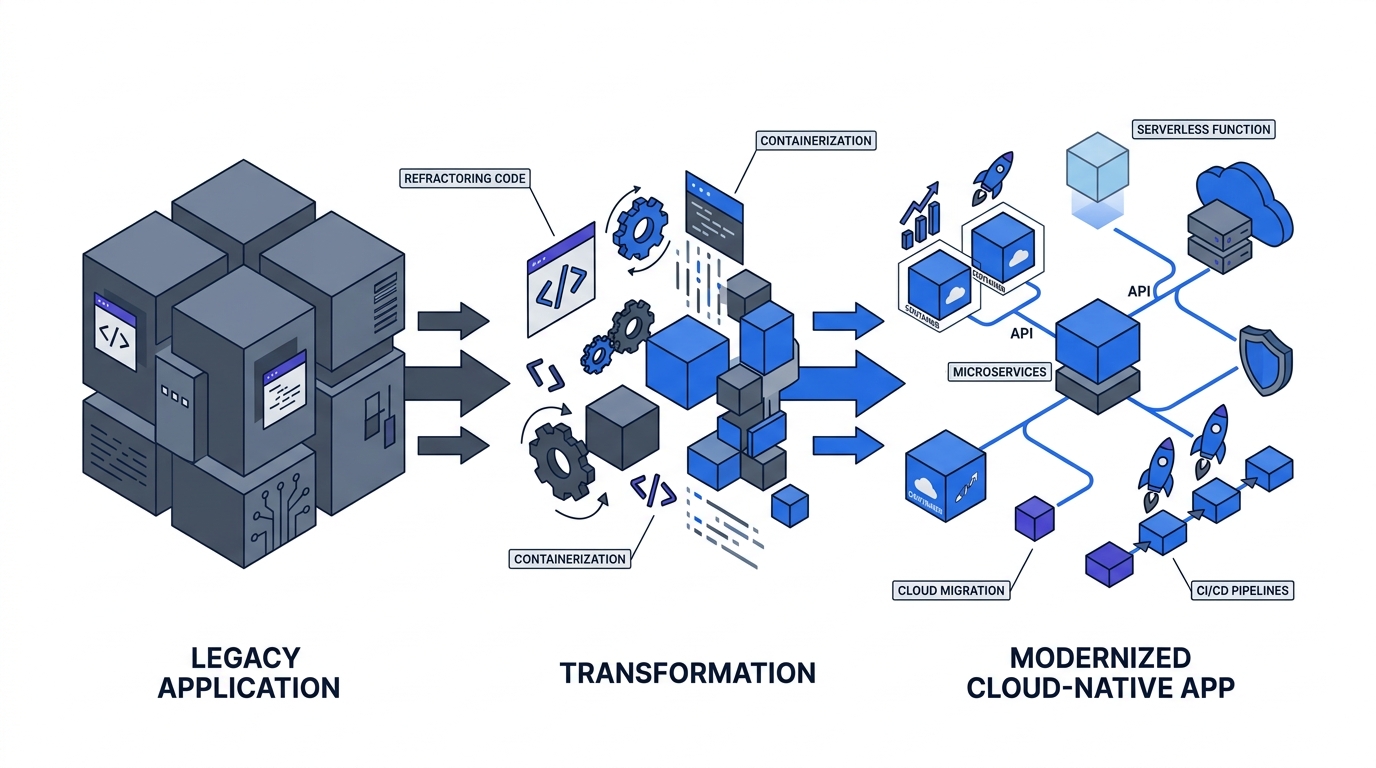 Three-phase modernization journey diagram: Legacy Application on the left with monolithic blocks, a central Transformation phase showing containerization and refactoring, and a Modernized Cloud-Native App on the right with microservices, APIs, serverless functions, and CI/CD pipelines