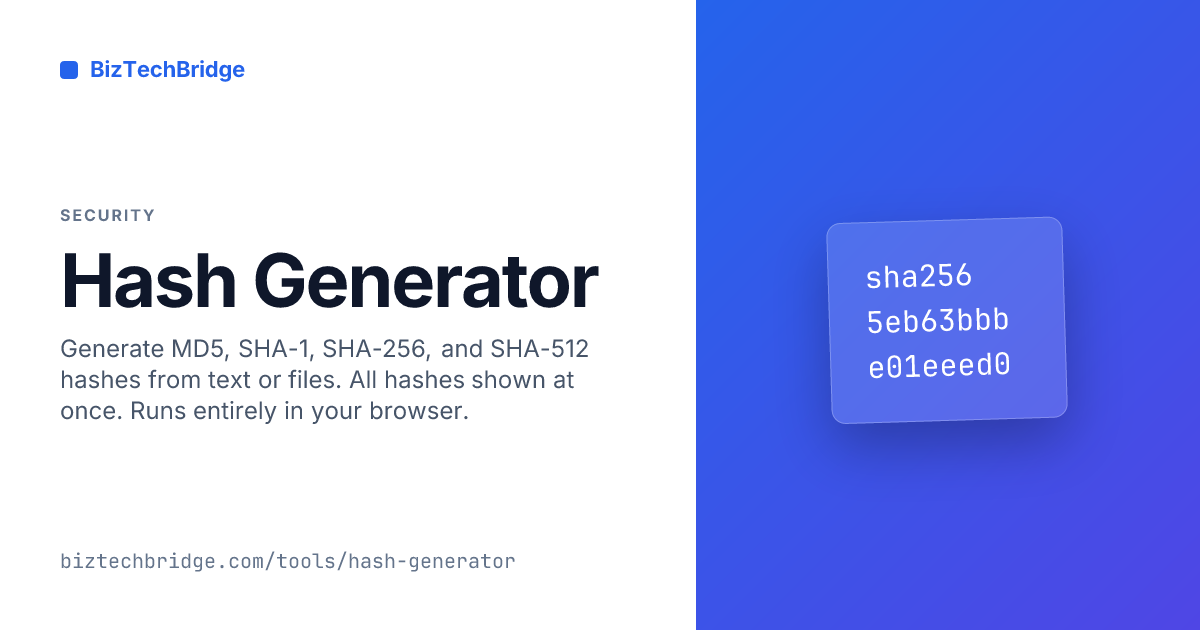 Free Hash Generator — MD5, SHA-1, SHA-256, SHA-512 | BizTechBridge