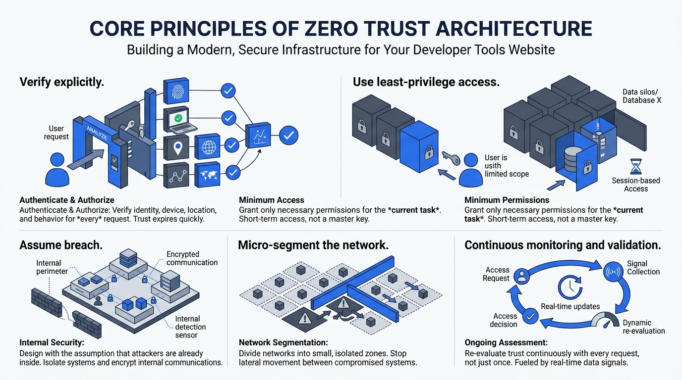 Zero Trust Architecture overview: five pillars — identity, devices, networks, applications, and data — governed by a policy engine with continuous verification